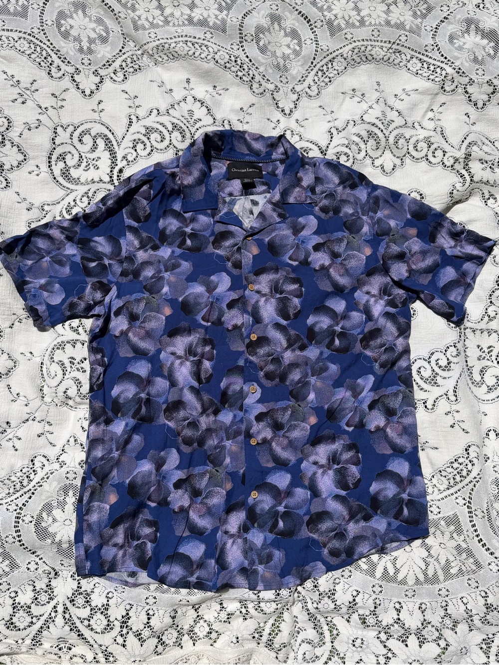 Christian Lacroix Blue and Purple Floral Short-Sleeve Button Down Shirt